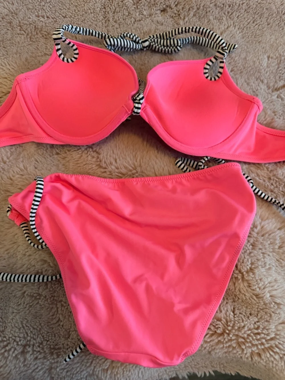 Victoria's Secret Neon Pink Push-Up Bikini with Black & White Stripe Ties - Picture 4 of 5